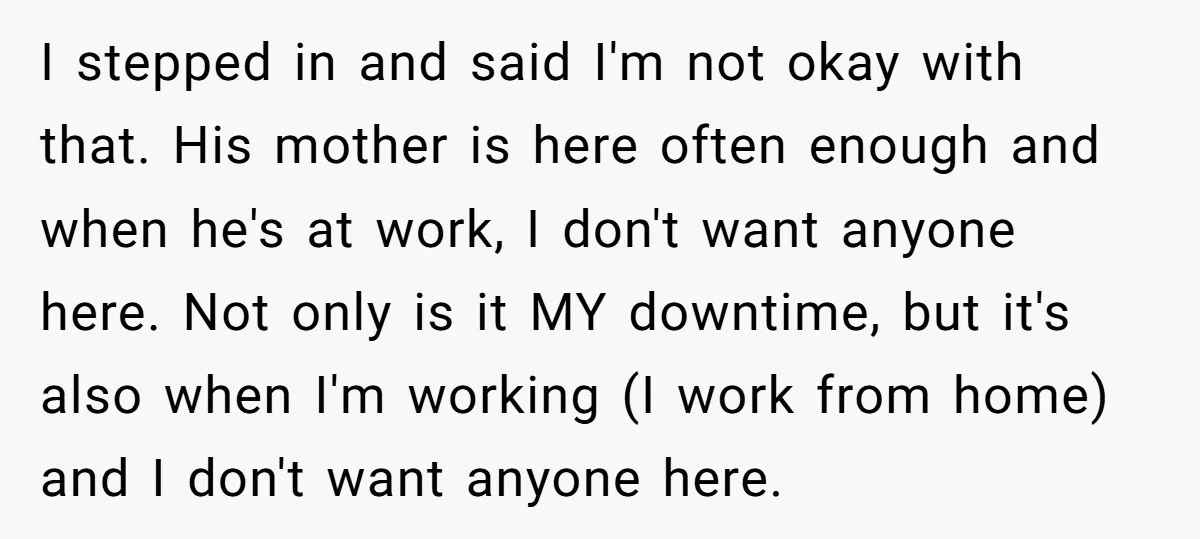 I stepped in and said I'm not okay with that. His mother is here often enough and when he's at work, I don't want anyone here. Not only is it...