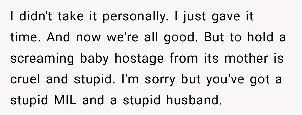 I didn't take it personally. I just gave it time. And now we're all good. But to hold a screaming baby hostage from its mother is cruel and stupid. I'm...