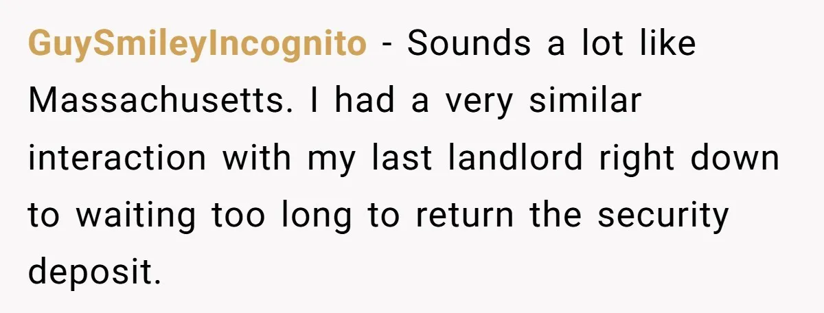GuySmileyIncognito − Sounds a lot like Massachusetts. I had a very similar interaction with my last landlord right down to waiting too long to return the security deposit.