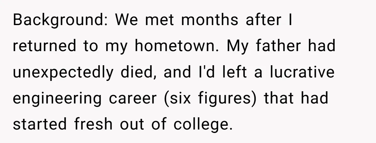 Background: We met months after I returned to my hometown. My father had unexpectedly died, and I'd left a lucrative engineering career (six figures) that had started fresh out of...