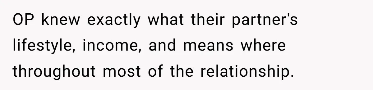OP knew exactly what their partner's lifestyle, income, and means where throughout most of the relationship.