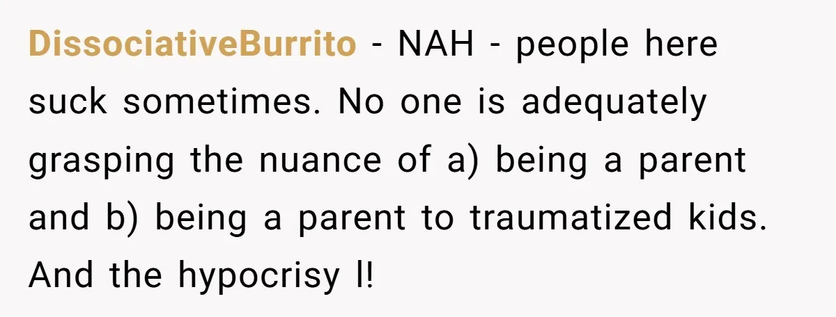 DissociativeBurrito − NAH - people here suck sometimes. No one is adequately grasping the nuance of a) being a parent and b) being a parent to traumatized kids. And the...