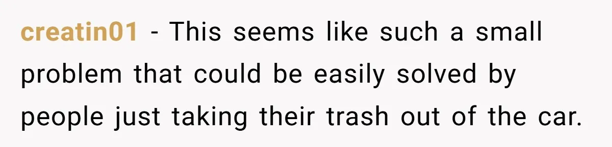 creatin01 − This seems like such a small problem that could be easily solved by people just taking their trash out of the car.