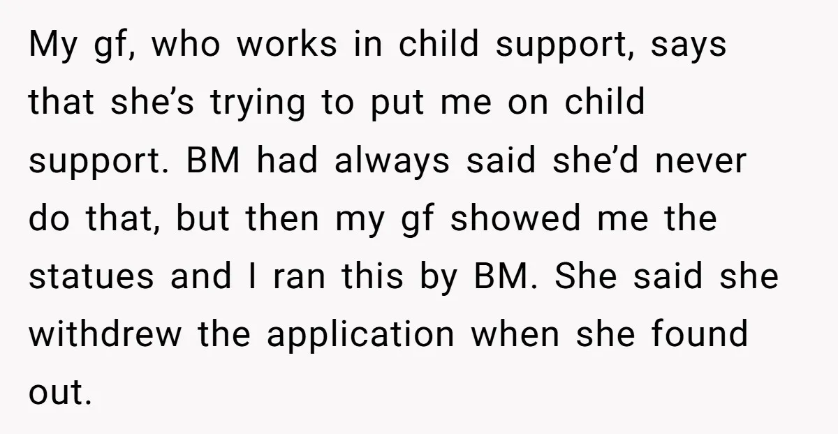 My gf, who works in child support, says that she’s trying to put me on child support. BM had always said she’d never do that, but then my gf showed...
