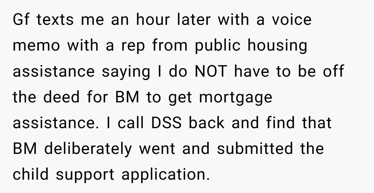 Gf texts me an hour later with a voice memo with a rep from public housing assistance saying I do NOT have to be off the deed for BM to...