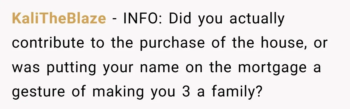 KaliTheBlaze − INFO: Did you actually contribute to the purchase of the house, or was putting your name on the mortgage a gesture of making you 3 a family?