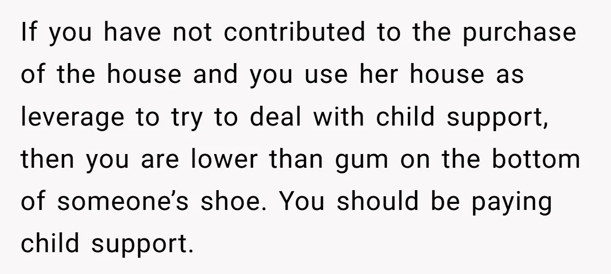 If you have not contributed to the purchase of the house and you use her house as leverage to try to deal with child support, then you are lower than...