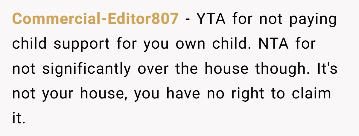 Commercial-Editor807 − YTA for not paying child support for you own child. NTA for not significantly over the house though. It's not your house, you have no right to claim...