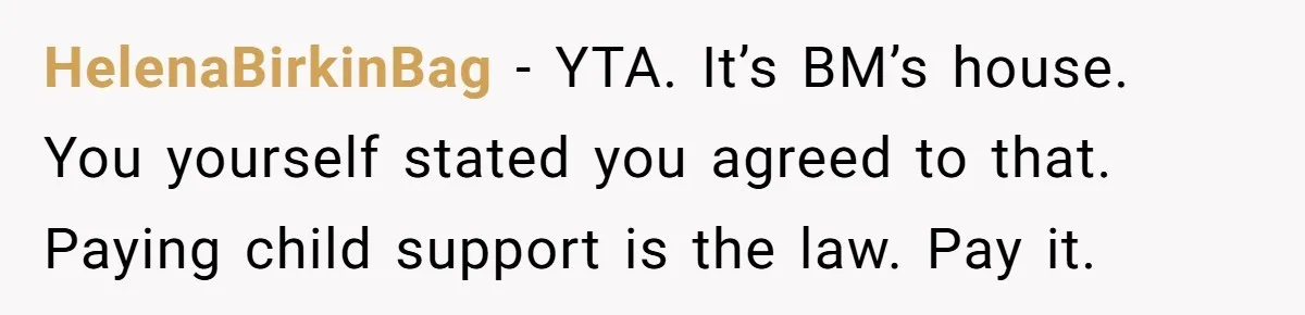 HelenaBirkinBag − YTA. It’s BM’s house. You yourself stated you agreed to that. Paying child support is the law. Pay it.