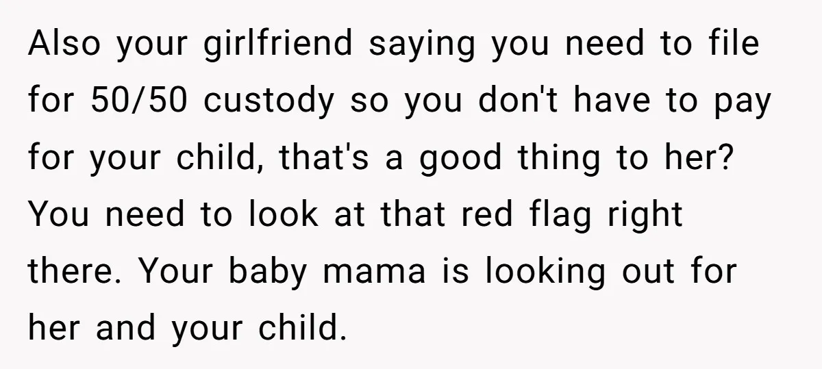 Also your girlfriend saying you need to file for 50/50 custody so you don't have to pay for your child, that's a good thing to her? You need to look...