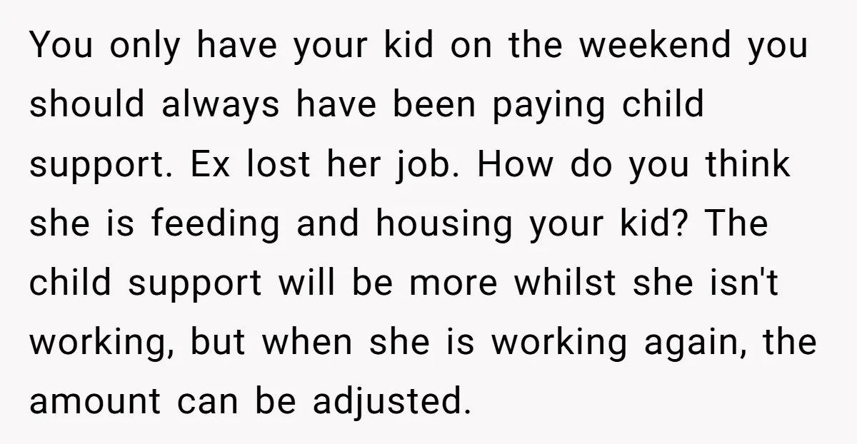 You only have your kid on the weekend you should always have been paying child support. Ex lost her job. How do you think she is feeding and housing your...