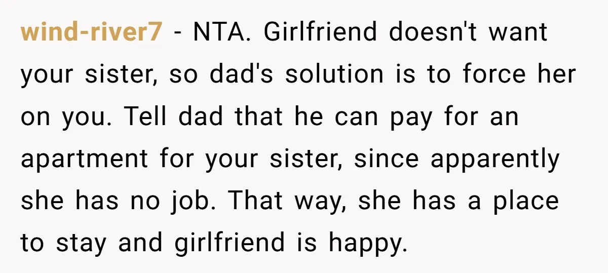 wind-river7 − NTA. Girlfriend doesn't want your sister, so dad's solution is to force her on you. Tell dad that he can pay for an apartment for your sister, since...