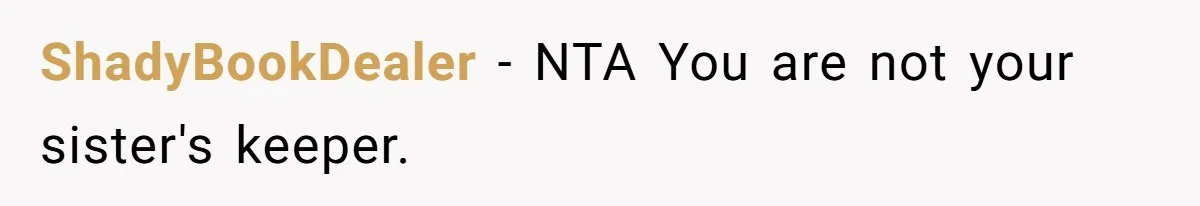 ShadyBookDealer − NTA You are not your sister's keeper.