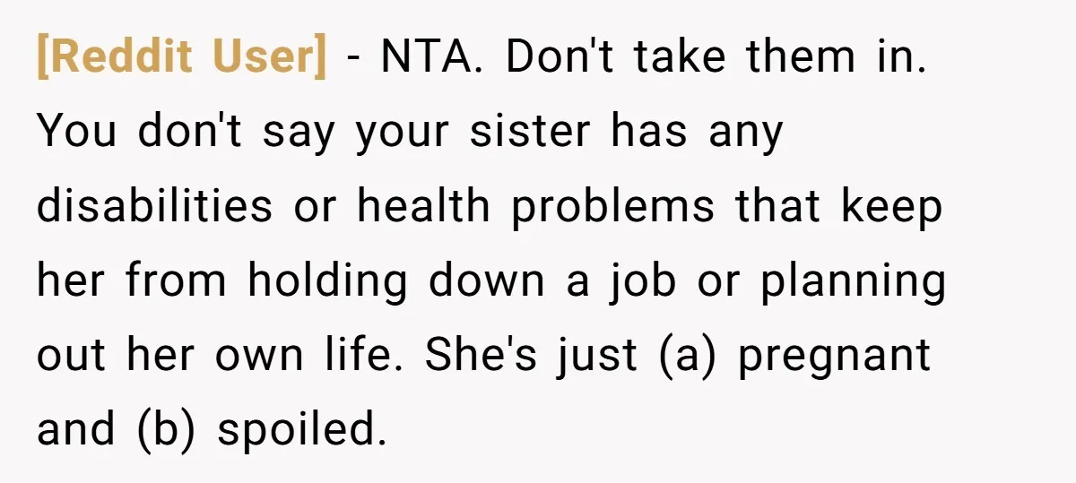 [Reddit User] − NTA. Don't take them in. You don't say your sister has any disabilities or health problems that keep her from holding down a job or planning out...