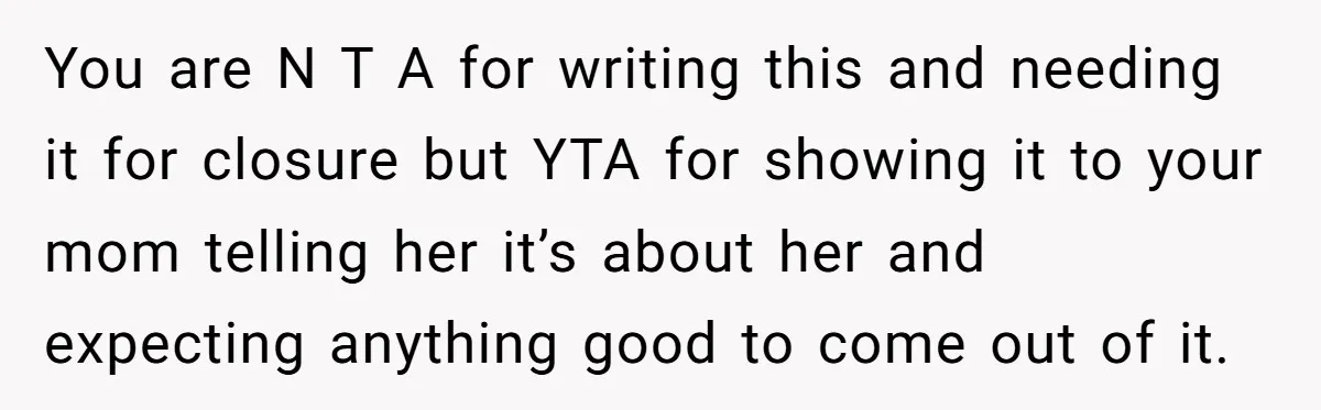 You are N T A for writing this and needing it for closure but YTA for showing it to your mom telling her it’s about her and expecting anything good...