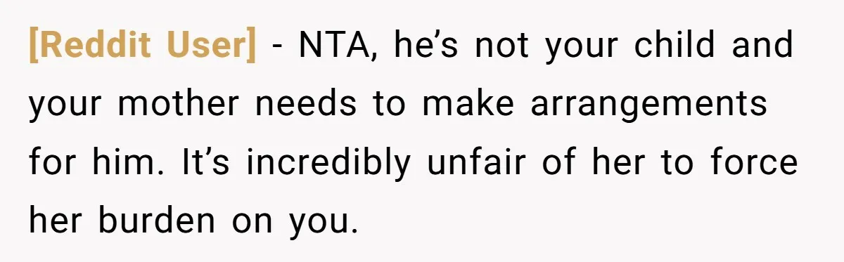 [Reddit User] − NTA, he’s not your child and your mother needs to make arrangements for him. It’s incredibly unfair of her to force her burden on you.
