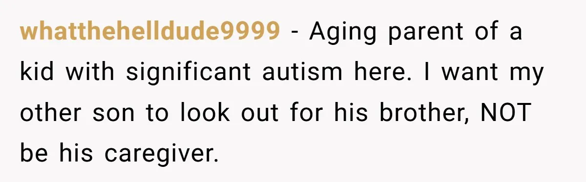whatthehelldude9999 − Aging parent of a kid with significant autism here. I want my other son to look out for his brother, NOT be his caregiver.