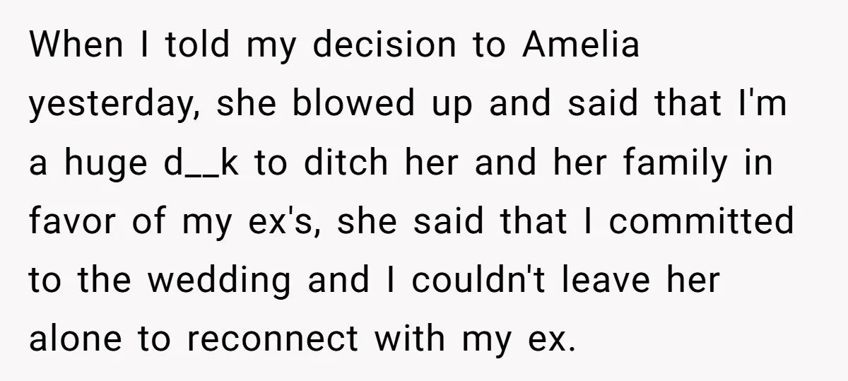 When I told my decision to Amelia yesterday, she blowed up and said that I'm a huge d__k to ditch her and her family in favor of my ex's, she...
