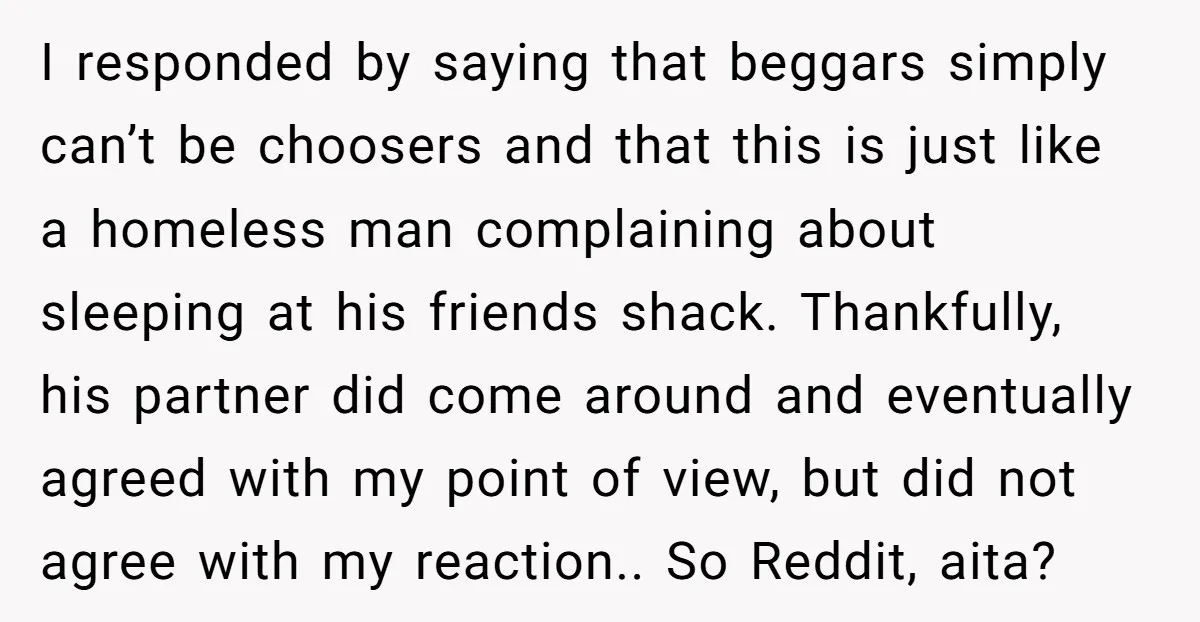 I responded by saying that beggars simply can’t be choosers and that this is just like a homeless man complaining about sleeping at his friends shack. Thankfully, his partner did...