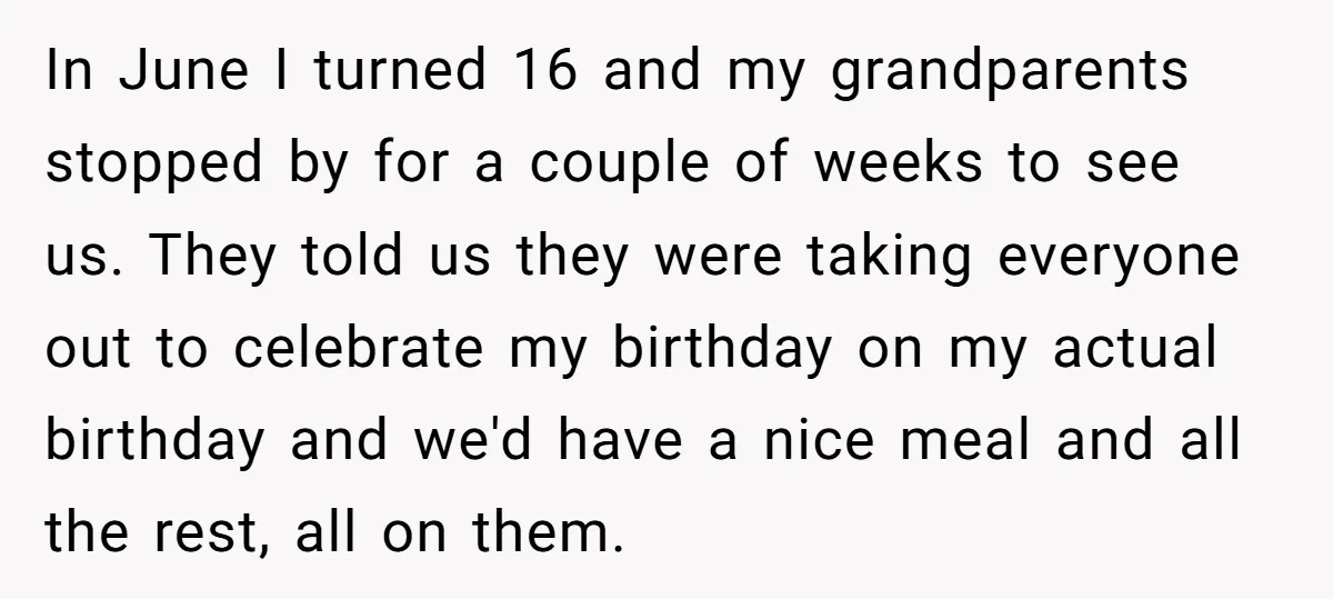 In June I turned 16 and my grandparents stopped by for a couple of weeks to see us. They told us they were taking everyone out to celebrate my birthday...