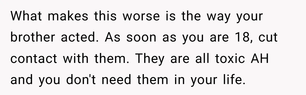 What makes this worse is the way your brother acted. As soon as you are 18, cut contact with them. They are all toxic AH and you don't need them...