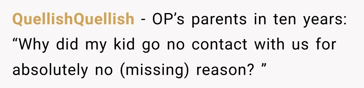 QuellishQuellish − OP’s parents in ten years: “Why did my kid go no contact with us for absolutely no (missing) reason? ”