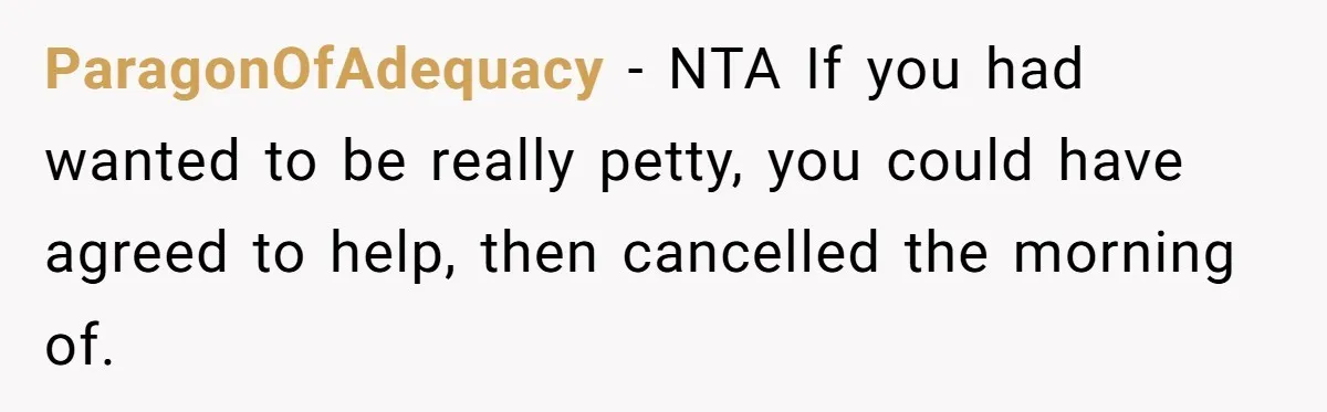 ParagonOfAdequacy − NTA If you had wanted to be really petty, you could have agreed to help, then cancelled the morning of.