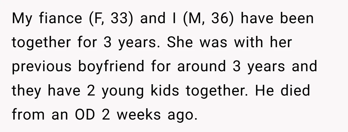 My fiance (F, 33) and I (M, 36) have been together for 3 years. She was with her previous boyfriend for around 3 years and they have 2 young kids...