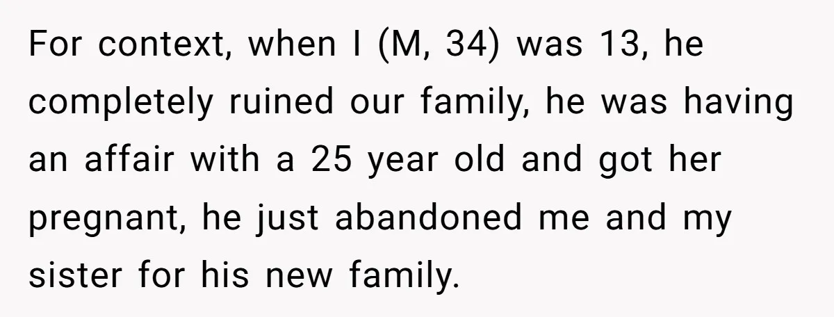 For context, when I (M, 34) was 13, he completely ruined our family, he was having an affair with a 25 year old and got her pregnant, he just abandoned...