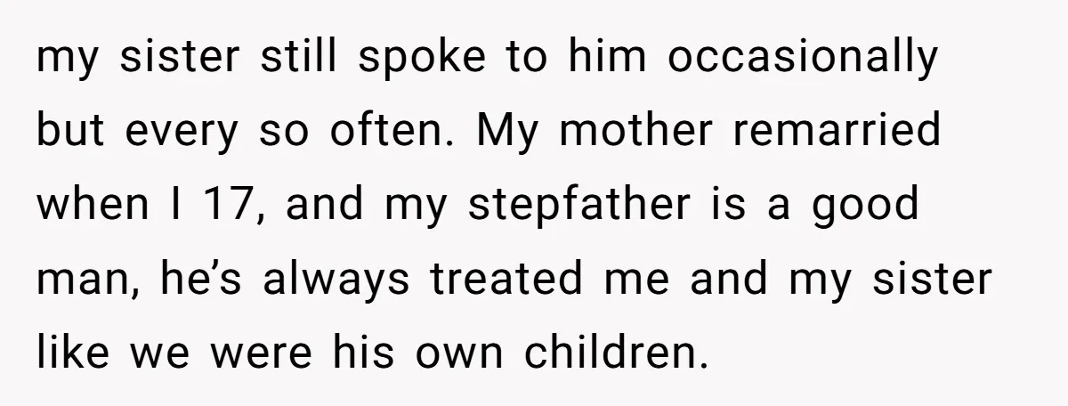 my sister still spoke to him occasionally but every so often. My mother remarried when I 17, and my stepfather is a good man, he’s always treated me and my...