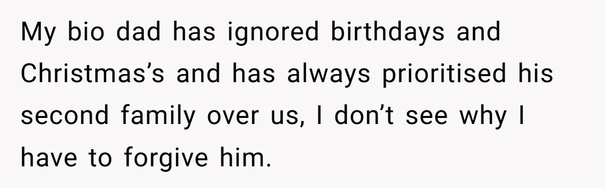 My bio dad has ignored birthdays and Christmas’s and has always prioritised his second family over us, I don’t see why I have to forgive him.