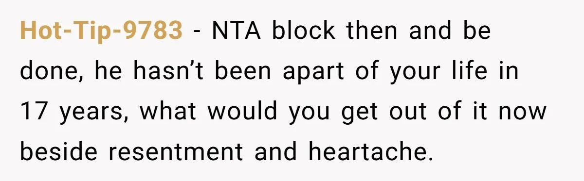 Hot-Tip-9783 − NTA block then and be done, he hasn’t been apart of your life in 17 years, what would you get out of it now beside resentment and heartache.