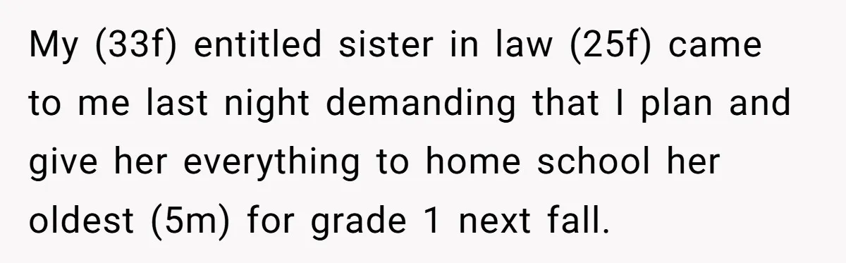My (33f) entitled sister in law (25f) came to me last night demanding that I plan and give her everything to home school her oldest (5m) for grade 1 next...
