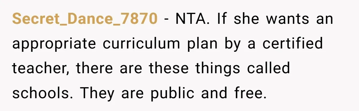 Secret_Dance_7870 − NTA. If she wants an appropriate curriculum plan by a certified teacher, there are these things called schools. They are public and free.