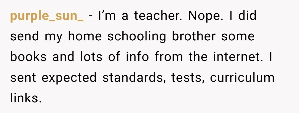 purple_sun_ − I’m a teacher. Nope. I did send my home schooling brother some books and lots of info from the internet. I sent expected standards, tests, curriculum links.