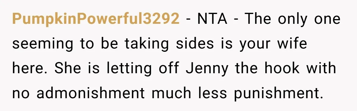 PumpkinPowerful3292 − NTA - The only one seeming to be taking sides is your wife here. She is letting off Jenny the hook with no admonishment much less punishment.