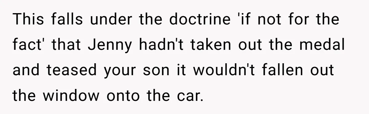 This falls under the doctrine 'if not for the fact' that Jenny hadn't taken out the medal and teased your son it wouldn't fallen out the window onto the car.