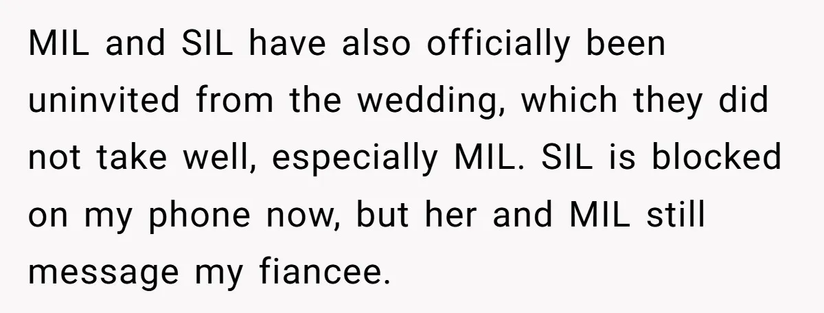 MIL and SIL have also officially been uninvited from the wedding, which they did not take well, especially MIL. SIL is blocked on my phone now, but her and MIL...