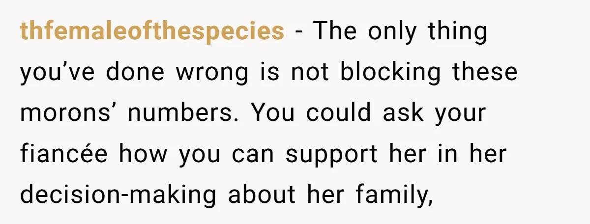 thfemaleofthespecies − The only thing you’ve done wrong is not blocking these morons’ numbers. You could ask your fiancée how you can support her in her decision-making about her family,
