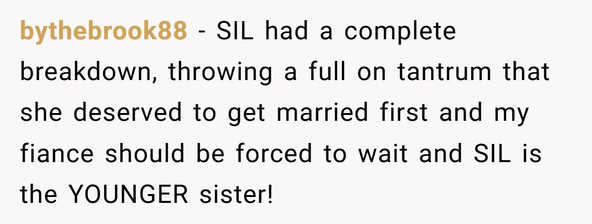 bythebrook88 − SIL had a complete breakdown, throwing a full on tantrum that she deserved to get married first and my fiance should be forced to wait and SIL is...