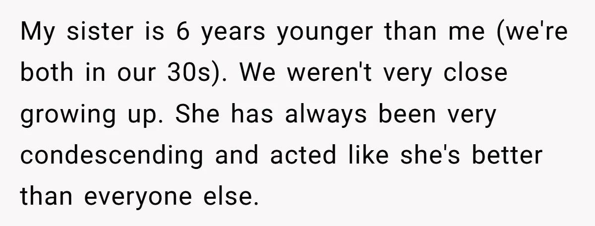 My sister is 6 years younger than me (we're both in our 30s). We weren't very close growing up. She has always been very condescending and acted like she's better...