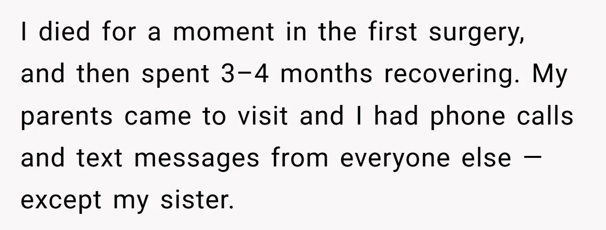 I died for a moment in the first surgery, and then spent 3–4 months recovering. My parents came to visit and I had phone calls and text messages from everyone...