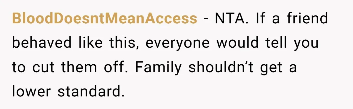 BloodDoesntMeanAccess - NTA. If a friend behaved like this, everyone would tell you to cut them off. Family shouldn’t get a lower standard.