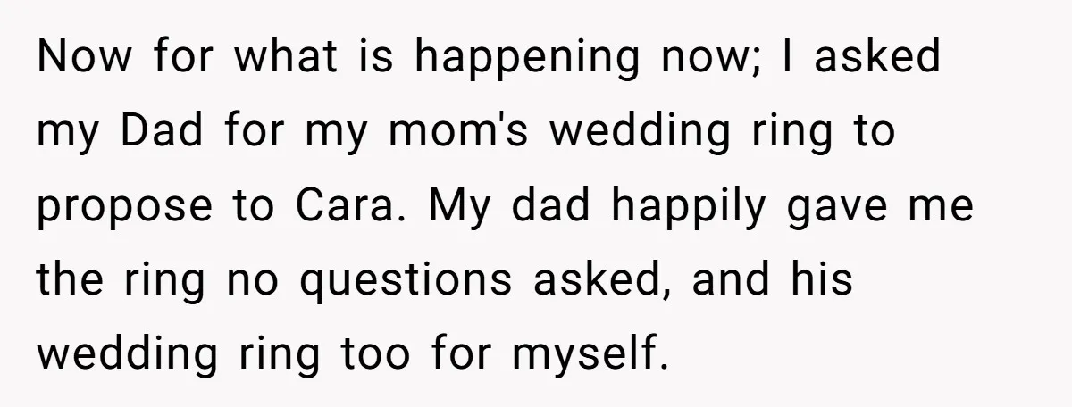 Now for what is happening now; I asked my Dad for my mom's wedding ring to propose to Cara. My dad happily gave me the ring no questions asked, and...