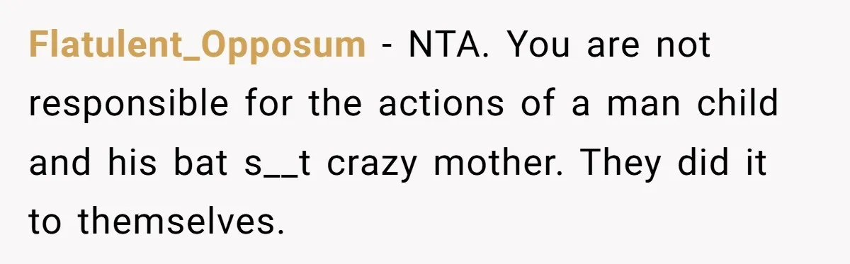 Flatulent_Opposum − NTA. You are not responsible for the actions of a man child and his bat s__t crazy mother. They did it to themselves.