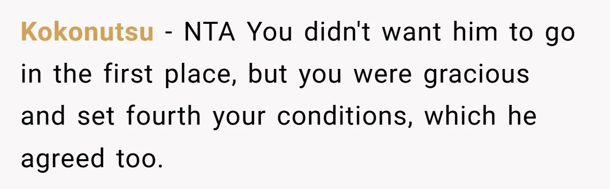 Kokonutsu − NTA You didn't want him to go in the first place, but you were gracious and set fourth your conditions, which he agreed too.