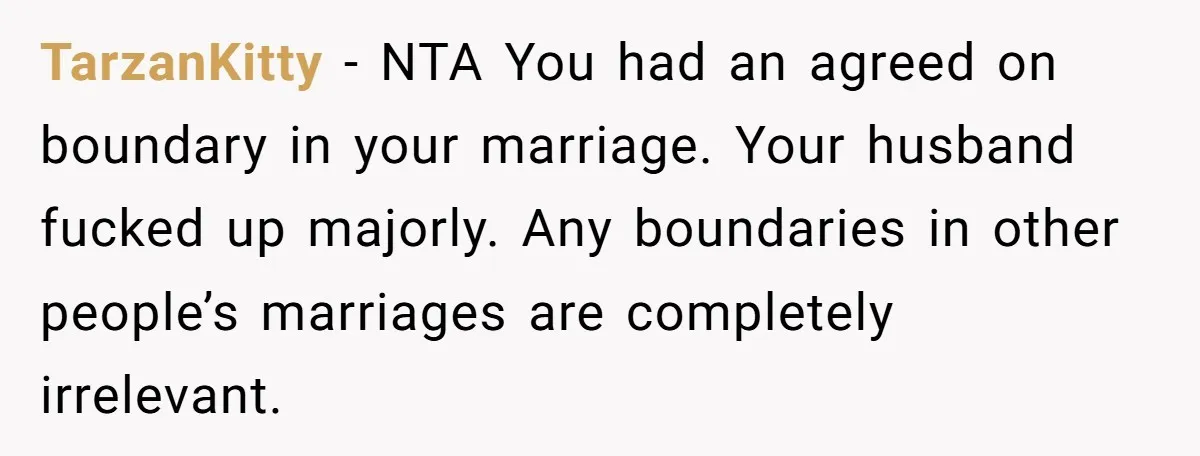TarzanKitty − NTA You had an agreed on boundary in your marriage. Your husband fucked up majorly. Any boundaries in other people’s marriages are completely irrelevant.
