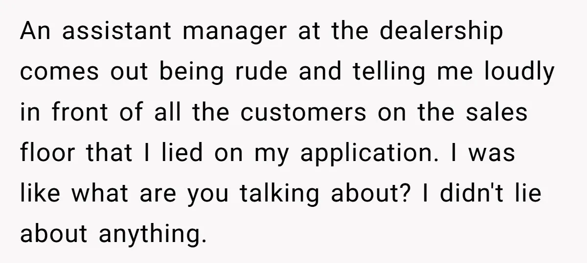 An assistant manager at the dealership comes out being rude and telling me loudly in front of all the customers on the sales floor that I lied on my application....