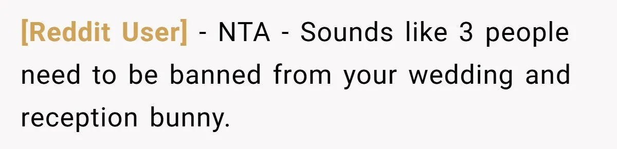 [Reddit User] − NTA - Sounds like 3 people need to be banned from your wedding and reception bunny.