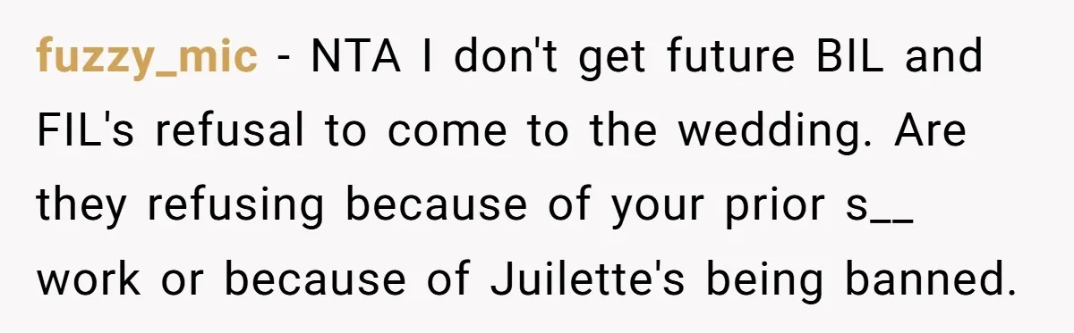 fuzzy_mic − NTA I don't get future BIL and FIL's refusal to come to the wedding. Are they refusing because of your prior s__ work or because of Juilette's being...